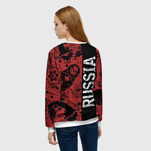 Женский свитшот Россия на фоне матрёшек балалайки и славянских узо / 3D-Белый – фото 4