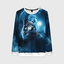 Свитшот женский Волк ночное синее небо, цвет: 3D-белый