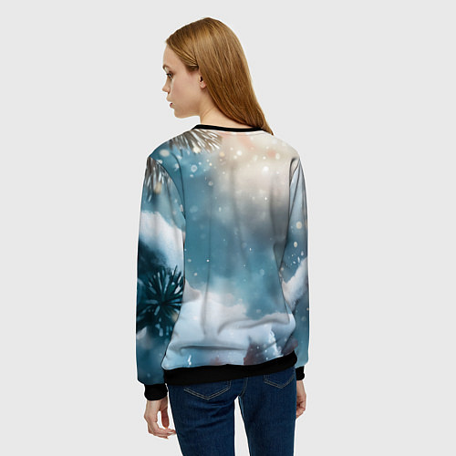 Женский свитшот Зеленая змейка на заснеженной ветке / 3D-Черный – фото 4