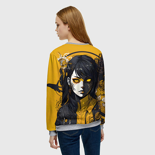 Женский свитшот Девушка в стиле аниме в куртке на жёлтом фоне / 3D-Меланж – фото 4