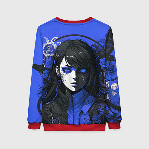 Женский свитшот Девушка в стиле аниме в куртке на голубом фоне / 3D-Красный – фото 2