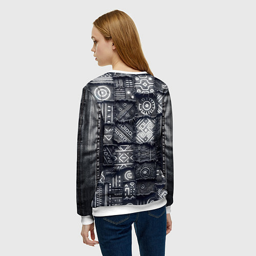 Женский свитшот Африканские узоры на пэчворк дениме / 3D-Белый – фото 4
