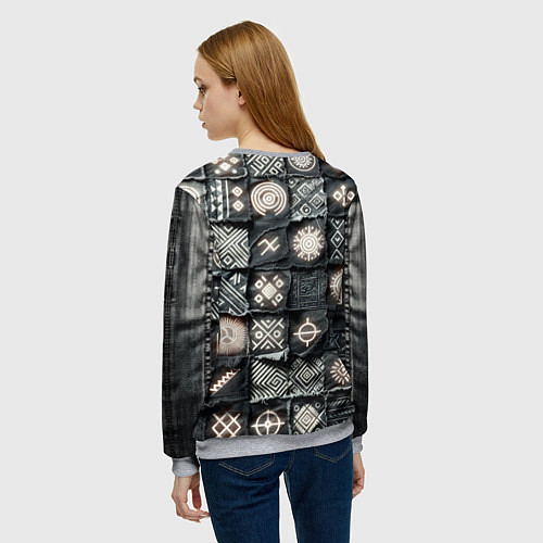 Женский свитшот Африканские знаки на пэчворк дениме / 3D-Меланж – фото 4