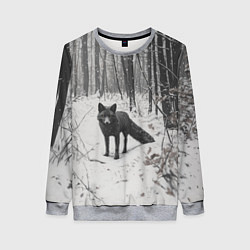 Свитшот женский Черная лиса в заснеженном лесу, цвет: 3D-меланж