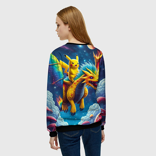 Женский свитшот Pikachu on a fabulous dragon - neon glow / 3D-Черный – фото 4