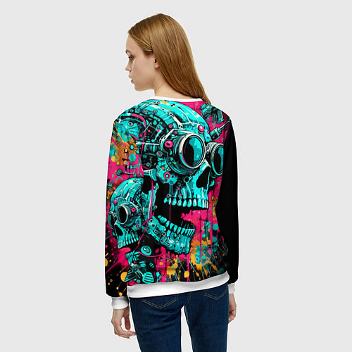 Женский свитшот Cyber skull sketch - color blots / 3D-Белый – фото 4