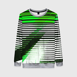 Свитшот женский Зелёно-чёрные полосы на белом фоне, цвет: 3D-меланж