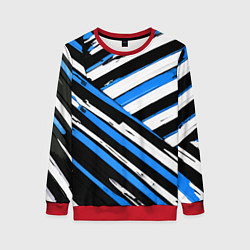 Свитшот женский Бело-синие диагональные полосы на чёрном фоне, цвет: 3D-красный