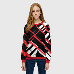 Свитшот женский Красно-белые линии на чёрном фоне, цвет: 3D-красный — фото 2