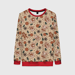 Свитшот женский Узор с пряниками и специями для глинтвейна, цвет: 3D-красный