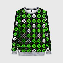 Свитшот женский Бело-зелёные звёзды на чёрном фоне, цвет: 3D-меланж