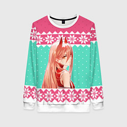 Свитшот женский Новогодний свитер Пауэр из Человек-бензопила, цвет: 3D-белый