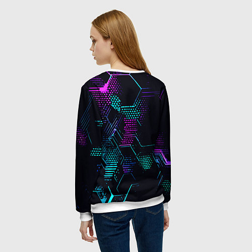 Женский свитшот Розово-голубые точки и линии на чёрном фоне / 3D-Белый – фото 4