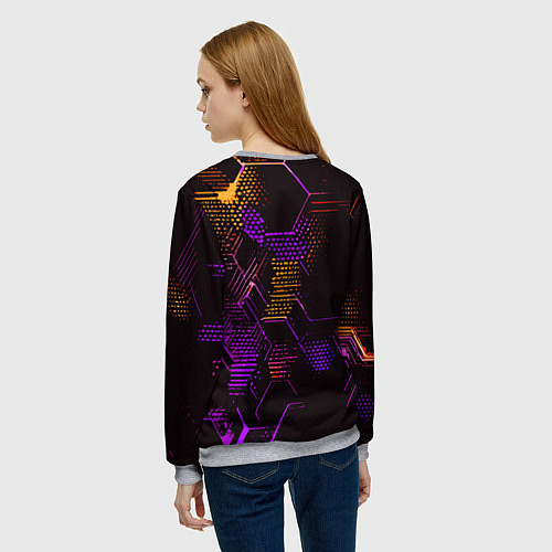 Женский свитшот Жёлто-фиолетовые точки и линии на чёрном фоне / 3D-Меланж – фото 4