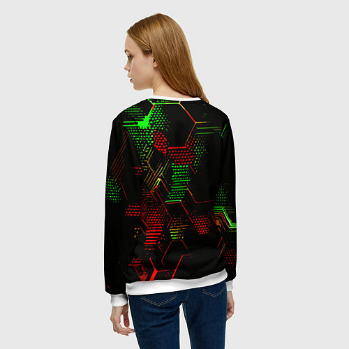 Женский свитшот Красно-зелёные точки и линии на чёрном фоне / 3D-Белый – фото 4
