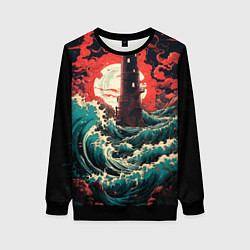 Свитшот женский Маяк и волны в японском стиле, цвет: 3D-черный