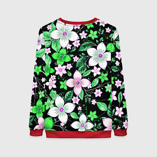 Женский свитшот Зелёно-белые цветы на чёрном фоне / 3D-Красный – фото 2