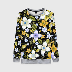 Свитшот женский Жёлто-белые цветы на чёрном фоне, цвет: 3D-меланж
