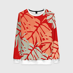 Свитшот женский Отпечатки монстеры на красном, цвет: 3D-белый