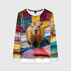Свитшот женский Капибара и пэчворк, цвет: 3D-белый