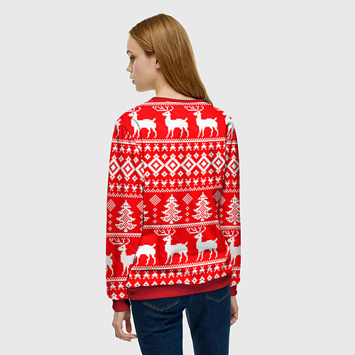 Женский свитшот Новогодние мотивы елки и олени на красном / 3D-Красный – фото 4