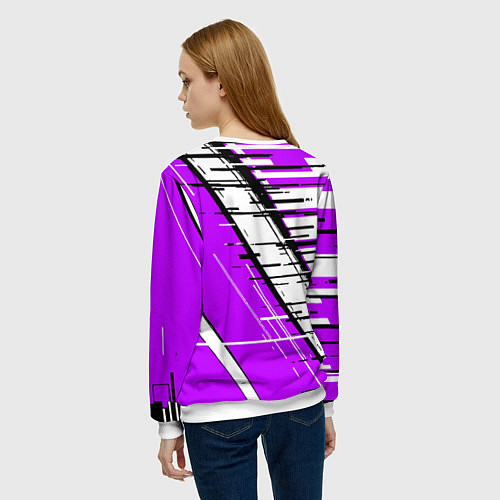 Женский свитшот Чёрно-белые глитч полосы на фиолетовом фоне / 3D-Белый – фото 4