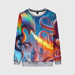 Женский свитшот Огнедышащий дракон против осьминога - нейроарт фан