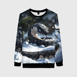 Женский свитшот Новогодняя черная змея с голубыми глазами