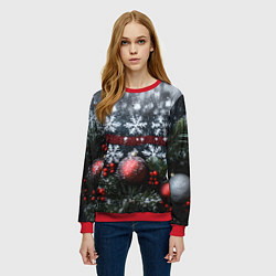 Свитшот женский Новогодние снежинки, цвет: 3D-красный — фото 2