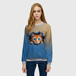 Свитшот женский Выглядывающий котенок, цвет: 3D-меланж — фото 2