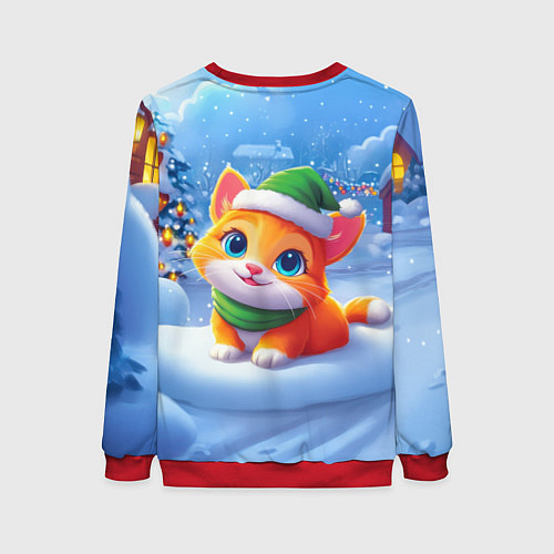 Женский свитшот Новогодний котенок в зеленой шапочке / 3D-Красный – фото 2