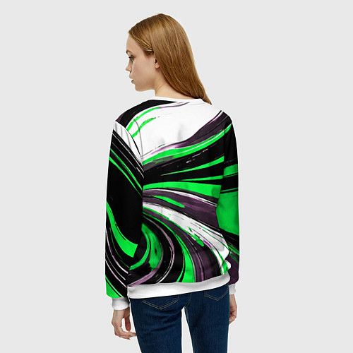 Женский свитшот Волнистые чёрно-зелёные линии на белом фоне / 3D-Белый – фото 4