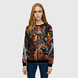 Свитшот женский Гладиатор и минотавр на фоне огня мечей и щитов, цвет: 3D-черный — фото 2
