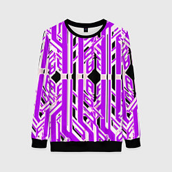 Свитшот женский Бело-фиолетовые техно полосы на чёрном фоне, цвет: 3D-черный
