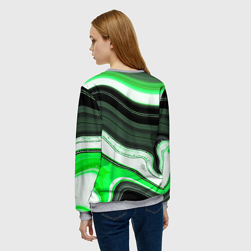 Женский свитшот Волнистые горизонтальные чёрно-зелёные полосы на б / 3D-Меланж – фото 4