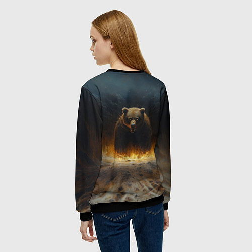 Женский свитшот Русский медведь в огненном поле / 3D-Черный – фото 4