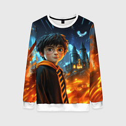 Свитшот женский Гарри Поттер на фоне огня, цвет: 3D-белый