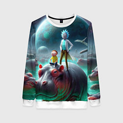 Свитшот женский Рик и Морти сидят на бегемоте - нейроарт фантазия, цвет: 3D-белый