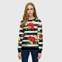 Свитшот женский Красные розы на черных полосках, цвет: 3D-черный — фото 2