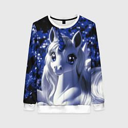 Свитшот женский Единорог - синий рог, цвет: 3D-белый