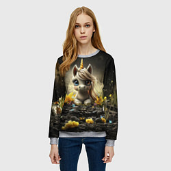 Свитшот женский Белая единорожка на черном фоне, цвет: 3D-меланж — фото 2