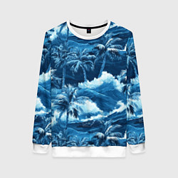 Свитшот женский Пальмы и волны - голубые оттенки паттерн, цвет: 3D-белый
