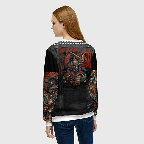 Женский свитшот Джинсовка с татуировкой дракона и самурая - имитац / 3D-Белый – фото 4