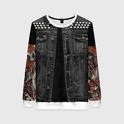 Свитшот женский Джинсовка с татуировкой дракона и самурая - имитац, цвет: 3D-белый