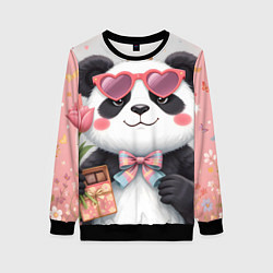 Свитшот женский Панда в очках с подарками и с цветами на 8 марта, цвет: 3D-черный