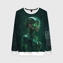 Свитшот женский Девушка-андроид в зелёных тонах, цвет: 3D-белый