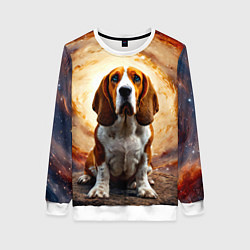 Свитшот женский Бассет-хаунд в космосе, цвет: 3D-белый