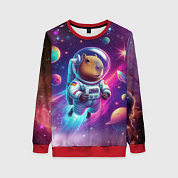 Свитшот женский Космонавт капибара в неоновом космосе, цвет: 3D-красный