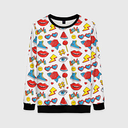 Свитшот женский Паттерн с яркими молодежными стикерами, цвет: 3D-черный