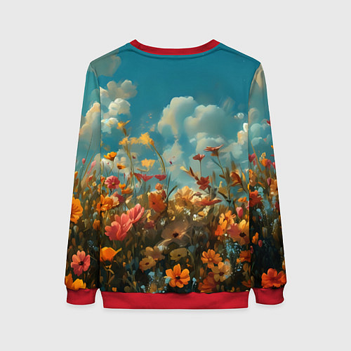 Женский свитшот Лисица в цветочном поле / 3D-Красный – фото 2